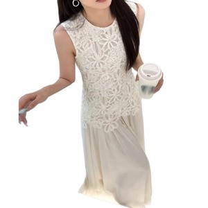 French Style White Sleeveless Patchwork Dress O Neck Natural Waist Daily Casual Long Dress - Product Image 5