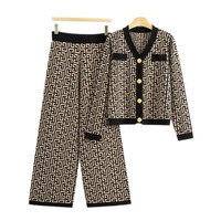 Ensemble deux pièces pour femme, cardigan ample en tricot anti-rides à motifs géométriques, tendance automne-hiver + pantalon large décontracté