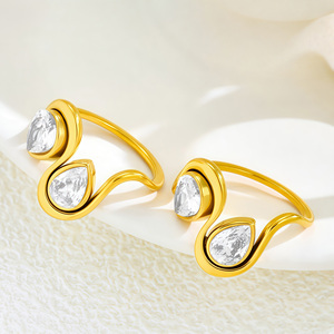 แหวนสแตนเลสชุบทอง 18K ประดับเพชรซิคอนทรงหยดน้ำคู่ ดีไซน์โค้ง วินเทจ หรูหรา สง่างาม แบบเปิด สำหรับผู้หญิง ใช้ได้ทุกวันและงานปาร์ตี้ - Product Image 6