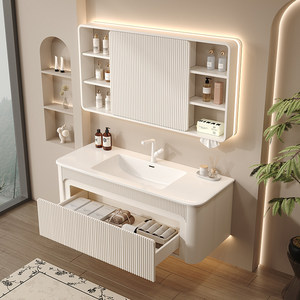 Concealed Smart Feng Shui <b>Mirror</b> Cabinet with Integrated Ceramic Basin Sliding <b>Mirror</b> French Cream-Style Oak Bathroom Vanity - Product Image 4