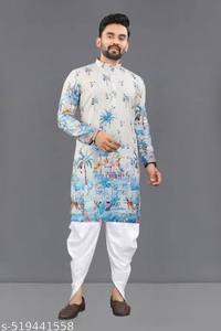 Ensemble Kurta Pyjama Imprimé pour Homme, Vêtement Ethnique en Coton à Manches Longues, Motif Floral, Tenue Traditionnelle pour Mariage, Fête et Cérémonie - Product Image 4