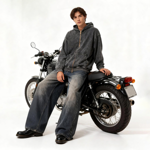 هودي ثقيل الوزن مخصص 380 جرام/متر مربع بغسيل حمضي وقلنسوة للخريف بتصميم دنيم فضفاض للجنسين مع تطريز وتأثير متهالك - Product Image 2