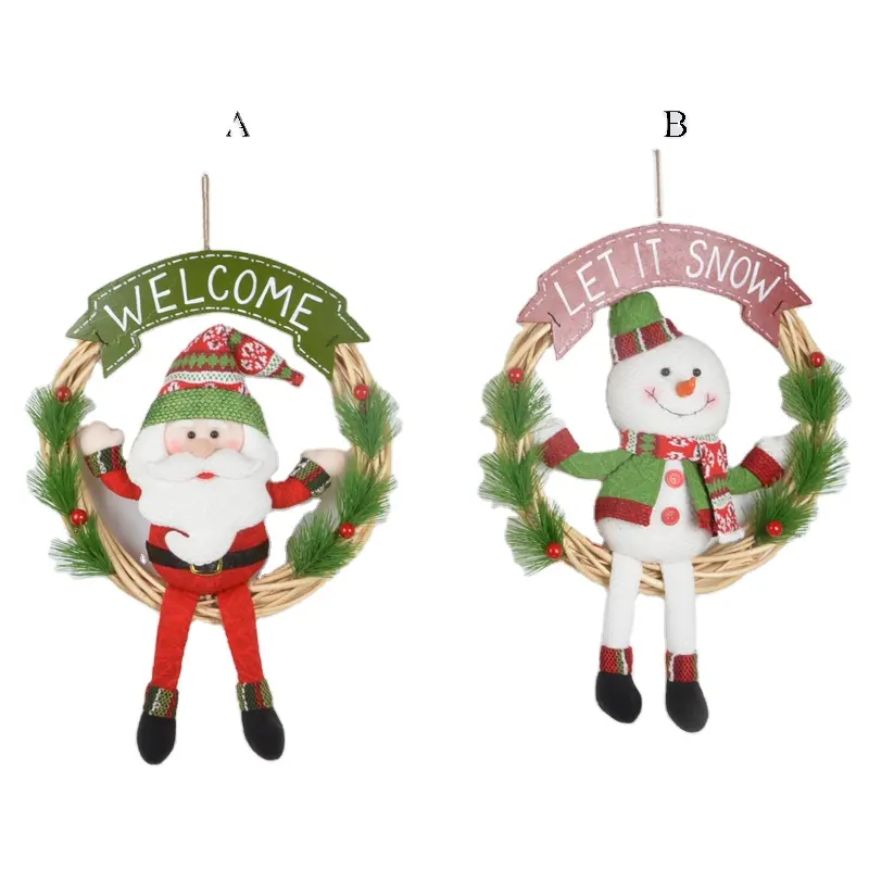 2022 Wholesale Christmas Decoration Rattan Wreath Garland Santa Claus/Snowman Doll Wooden Door Hanging Christmas Gift