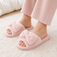 Pantoufles roses à nœud, moelleuses, en peluche, semelle souple en EVA, pour la maison