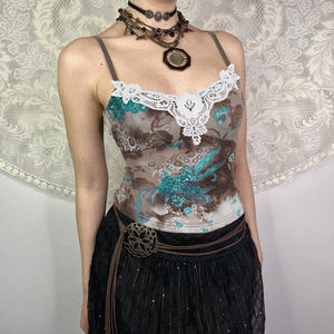 Top Corto Estilo Y2K para Mujer, Estampado Floral Retro Degradado, Ribete de Encaje, Diseño de Parches, Color en Contraste, Ajustado - Product Image 5