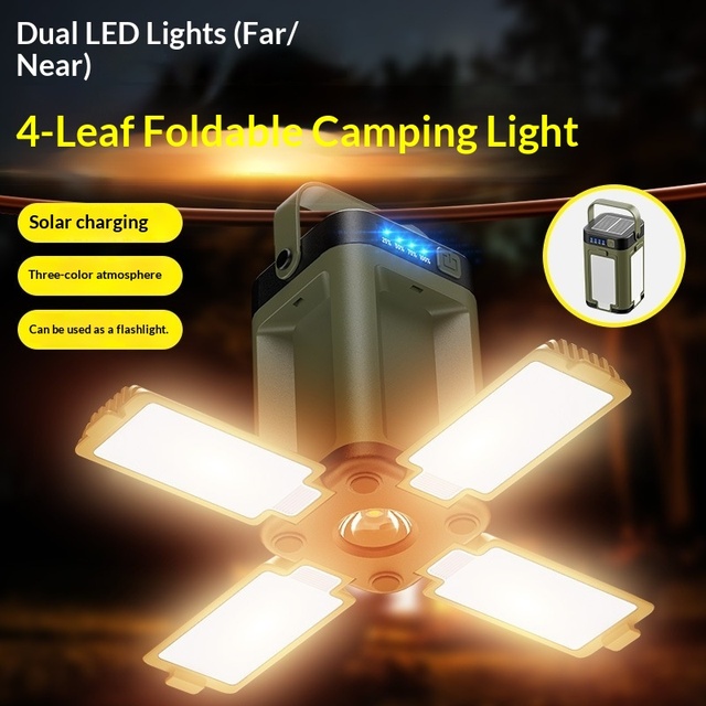 Portable Camping Handheld Light USB and Solar Charging Camping Light Handheld Flashlight Hanging Tent Light for Camping Hiking