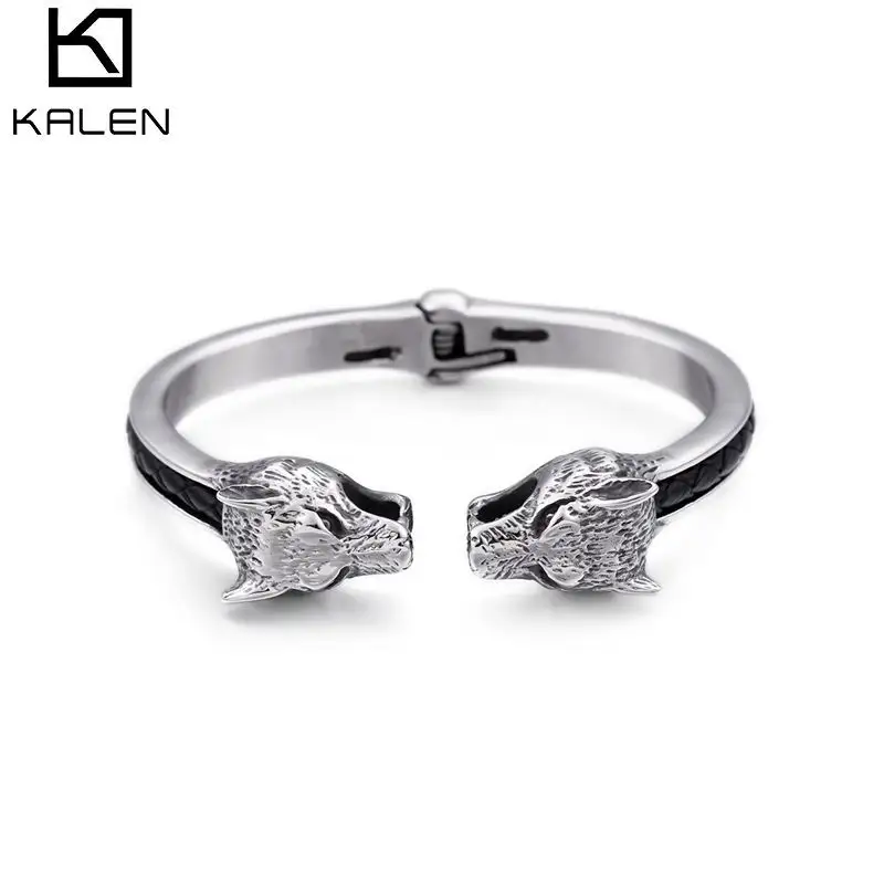 KALEN Rvs Zilver Kleur Punk Dier Wolf Bangle Voor Mannen