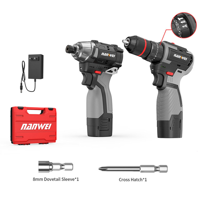 Nanwei Hardware Tool Set Two Combination Portable Cordless Drill Wireless Lithium Electric Impact Screwdriver Kits
