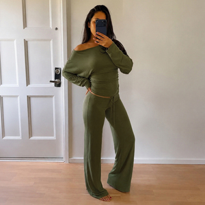 Women's Off Shoulder Long Sleeve Lounge Set Soft Stretch Two Piece Outfit Casual Drawstring Wide Leg Pants Matching Set - Product Image 4