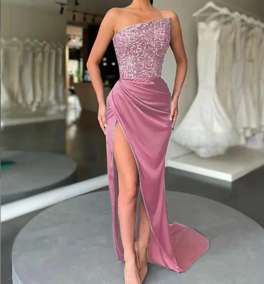 S-XL New Sequin Long Sleeveless Fashion Dress Temperament mid length floor high slit evening dress