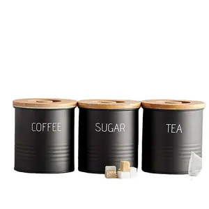 매트 블랙 라운드 금속 차 설탕 커피 용기 냄비 대나무 뚜껑