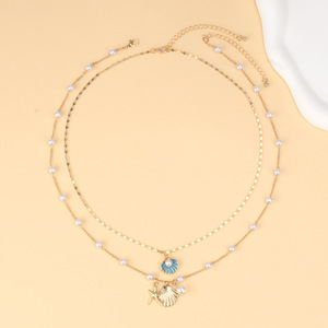 Conjunto de collar en capas con colgante de concha y estrella de mar, cadena de perlas sintéticas, joyería de fiesta para mujer, aleación de zinc, tema oceánico - Product Image 3