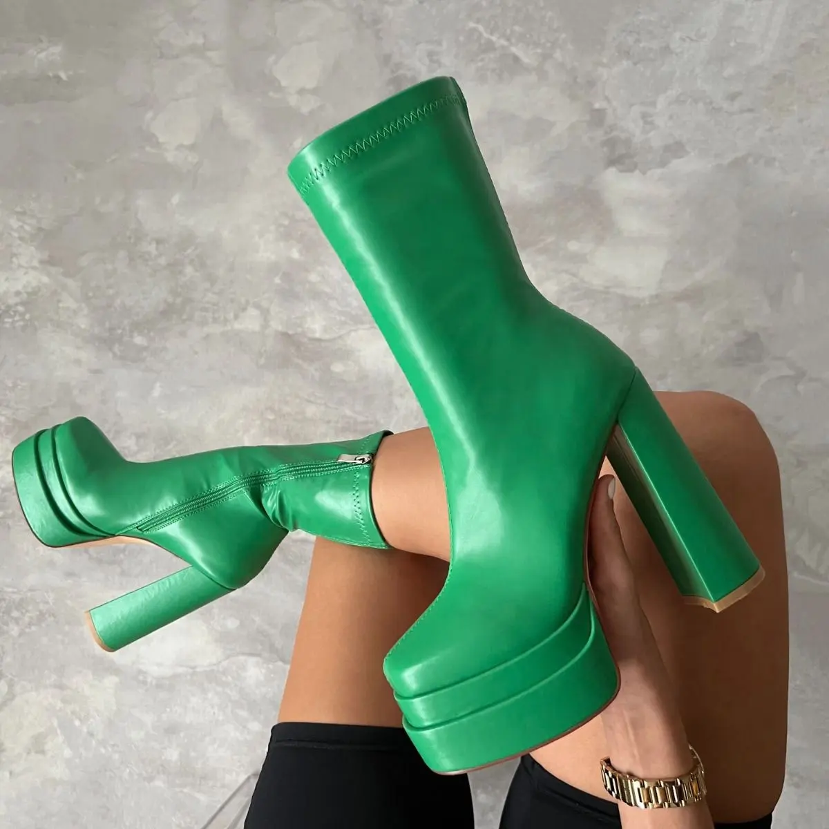 Green Double Platform Short Boots Solid Leather Side Zip Great Quality Ankle Boots Thick Heel Shoes Large Size 45