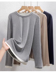 T-shirt à manches longues en <span class=keywords><strong>laine</strong></span> respirant à col rond <span class=keywords><strong>et</strong></span> coupe ajustée pour <span class=keywords><strong>femme</strong></span>, idéal printemps-été, avec logo décontracté - Product Image 2