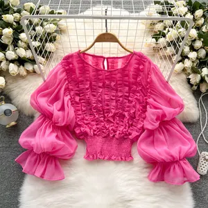 Trendy Fashion Latest Designs 4 Colors Solid Ruffle Detail Puff Sleeve Woman Shirts And Blouses Long Sleeve