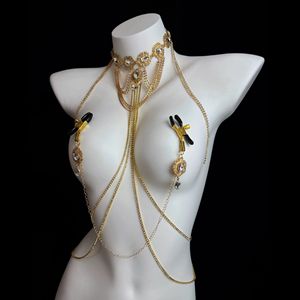 BANSEY Exquisite Brustklemmen mit klaren Edelsteinen und drapierten Goldketten, Alligator-Clips, künstliches Nippelpiercing, sexy Dessous-Schmuck - Product Image 4