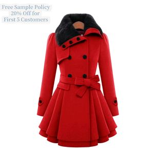 Women's Fitted Long Woolen <strong>Coat</strong> with Faux Fur Collar, Double-Breasted Design, Flared Hem, 5 Colors Available, for Casual Wear - Product Image 1