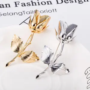 High Quality Men's Suit Pin Special Design Golden Sliver 3D Leaves Rose Brooch Men And Women Simple Insert Long Needles