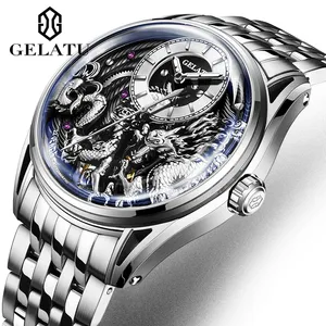 Gelatu 6018 Chất Lượng Cao Biểu Tượng Tùy Chỉnh Skeleton Hollow Thiết Kế Sáng Thời Trang Rồng Totem Tự Động Đồng Hồ Cơ Khí Cho Người Đàn Ông