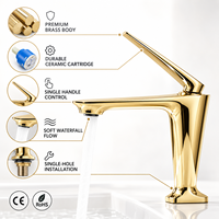 Robinet de lavabo cascade moderne de luxe contemporain en laiton poli avec mitigeur de salle de bain en céramique à débit contrôlé pour montage sur plan à trou unique