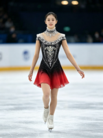 Robe de patinage artistique à col montant sans manches, dégradé noir et rouge, avec strass en maille pour enfants et adultes, pour compétitions et spectacles sur glace