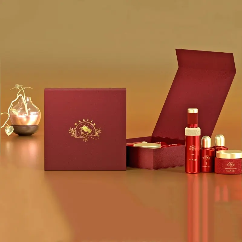 Zarif lüks kırmızı kozmetik kremler losyonlar ambalaj altın logolu sert karton kutu manyetik hediye kutusu