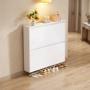 Steel <strong>Shoe</strong> <strong>Cupboard</strong> with 2 Layers Tip Out Hidden Design White Metal <strong>Slim</strong> Storage Organizer for Modern Home Corridor Project - Product Image 1