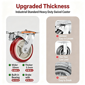 Heavy Duty Swivel Caster With Brake Red Polyurethane Wheel Ball Bearing Locking Mechanism Flat Type Bolt Hole Installation - Product Image 3