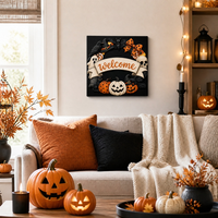 Impression murale enveloppante sur toile, thème Halloween Gothique Sombre, avec couronne de bienvenue, sur fond noir, style rustique et effrayant, pour bar, entrée et décoration de fêtes