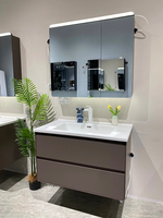 Ensemble de meuble-lavabo mural pour salle de bain avec armoire miroir, tiroirs à fermeture douce, lavabo en céramique, meuble de salle de bain moderne gris