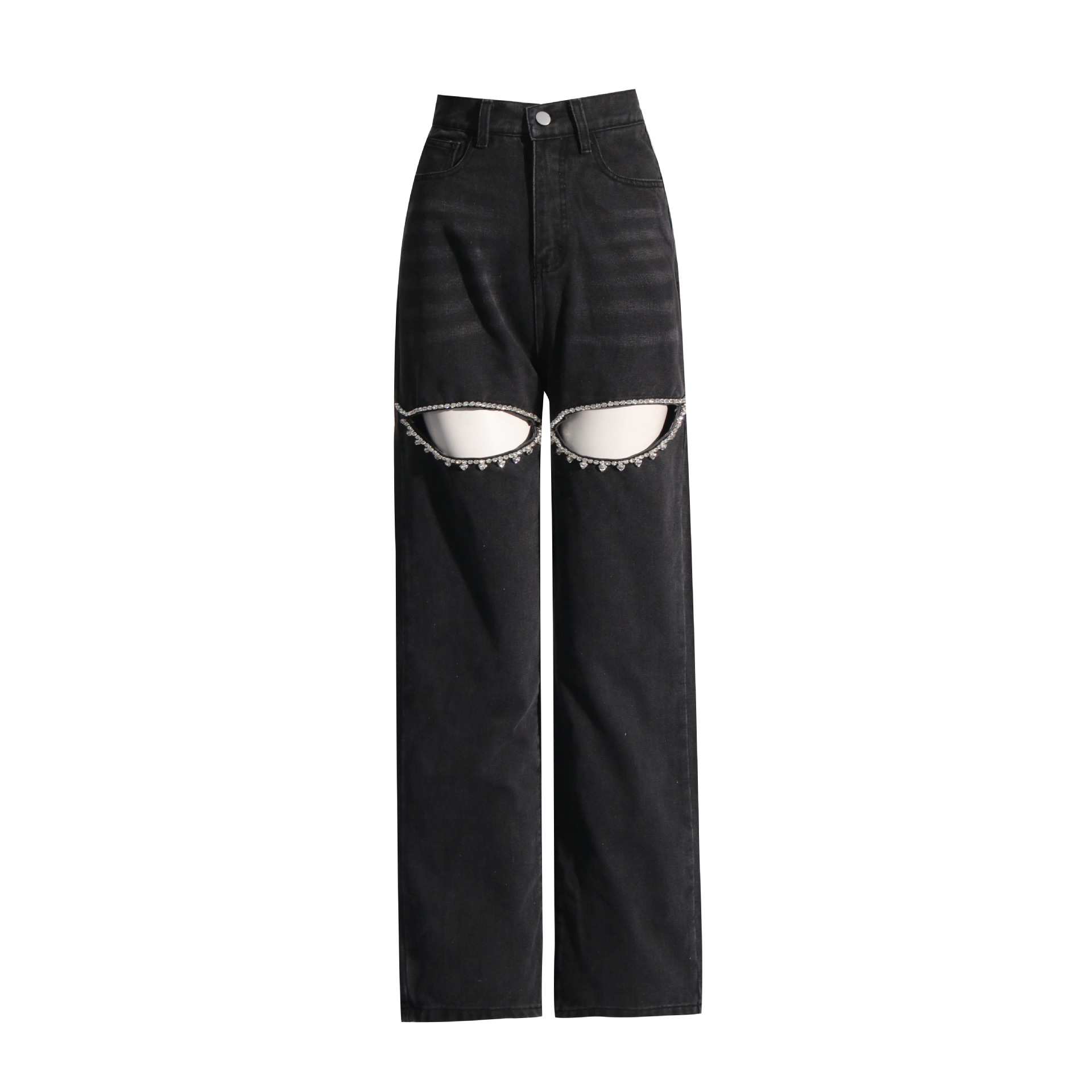 【Polysooem】WARM STUDDED WASHED JEANS WARM STUDDED WASHED JEANS, BLACK - polysooem