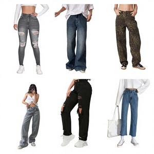 Pantaloni in Denim Sbiadito a Gamba Intera in Cotone, Stile <span class=keywords><strong>Cargo</strong></span> Largo da <span class=keywords><strong>Donna</strong></span> per lo Street Style - Product Image 1