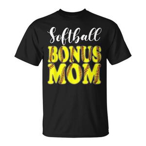 T-shirt Softball Bonus Mom con testo giallo, girocollo nero, taglia unisex per adulti - Product Image 1
