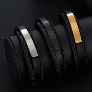 Wholesale New Fashion Custom Logo <b>Stainless</b> <b>Steel</b> Leather Bracelet Gold Plated Braided Style - Product Image 6