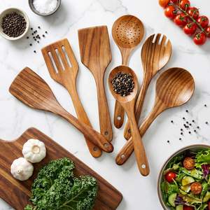 Ensemble de 9 ustensiles de cuisine en bois de teck thaïlandais avec support – Spatules, cuillères et autres outils de cuisson - Product Image 3