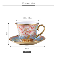 Service à thé en porcelaine chinoise exquise, tasse à café, assiette, motif floral imprimé, poignée dorée, 250 ml, écologique, logo personnalisé, luxe élégant