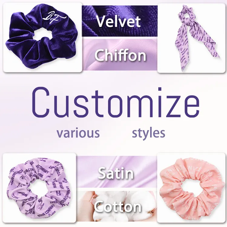 CHENGHE Ins purple satin hair ties custom scrunchies personalized logo pattern hair scrunchy accessory printed silk scrunchies