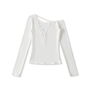 PB&amp;ZAdeep V Lace Sloping Shoulder Long Sleeved T-shirt for Women's Slim Fit and Slimming, <strong>Patchwork</strong> Bottom, Elastic High-end <strong>Top</strong> - Product Image 6