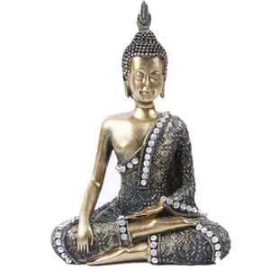 Estátua de Buda religiosa em resina durável de qualidade realista, estátua criada com acabamento em bronze e atmosfera de harmonia