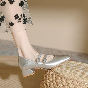 รองเท้าสตรีแบบแมรี่เจนสไตล์ฝรั่งเศส หัวเหลี่ยม ส้นเตี้ย สายรัดเส้นเดียว รองเท้าส้นสูงแบบเรโทร หัวแบน - Product Image 6