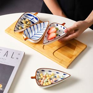 Creative Leaf-shaped Dried Fruit Dish with Wooden Tray <b>Ceramic</b> Snacks Appetizer Fruit Dish Set Kitchen Dipping Bowls Set - Product Image 4