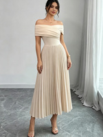 Robe longue beige pour femme, épaules dénudées, corsage froncé, taille haute, plissée, élégante, décontractée, lavable
