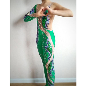 LIUHUO Green &amp; Blue Rhinestone <strong>Acrobatic</strong> Dance Unitard One-Shoulder Sequin Pattern Girls' Competition Performance <strong>Costume</strong> - Product Image 4
