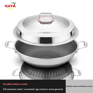 316 <span class=keywords><strong>Wok</strong></span> en acier inoxydable à double oreille 40 <span class=keywords><strong>42</strong></span> grand fond plat antiadhésif casserole de cuisson domestique écran double face à faible teneur en huile fumée - Product Image 2