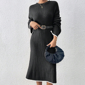 Enyami gaun kasual wanita lengan panjang, gaun pesta kasual leher bulat warna polos, gaun elegan Turtleneck rajut harian untuk wanita - Product Image 1