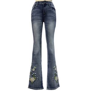 Vaqueros acampanados personalizados para mujer, pantalones florales de cintura alta, pantalones ajustados con bordado, pantalones azules lavados - Product Image 1