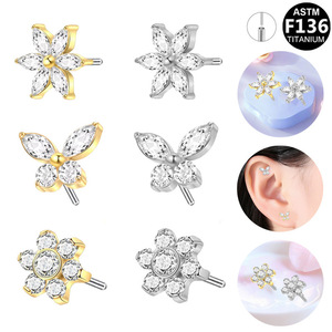 <b>Titanium</b> Flower Butterfly <b>Stud</b> Earrings Cubic Zirconia Marquise Cut Prong Setting Unisex Party Jewelry - Product Image 1