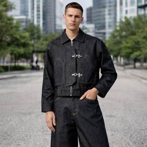 Giacche da uomo in <span class=keywords><strong>denim</strong></span> selvedge con passanti larghi personalizzati sul bordo, chiusure robuste stile pompiere, taglio squadrato, in <span class=keywords><strong>denim</strong></span> grezzo di cotone, vestibilità cropped - Product Image 1