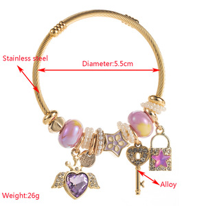 Bracciale a <span class=keywords><strong>filo</strong></span> in acciaio inossidabile fai da te <span class=keywords><strong>con</strong></span> ciondoli, perline e cuore di cristallo, chiusura a chiave, regolabile, gioielli personalizzati OEM - Product Image 2
