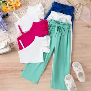 2024 musim panas anak perempuan Fashion Set baju Satu bahu Ruffle lengan atasan warna Solid celana 2Pcs pakaian Anak